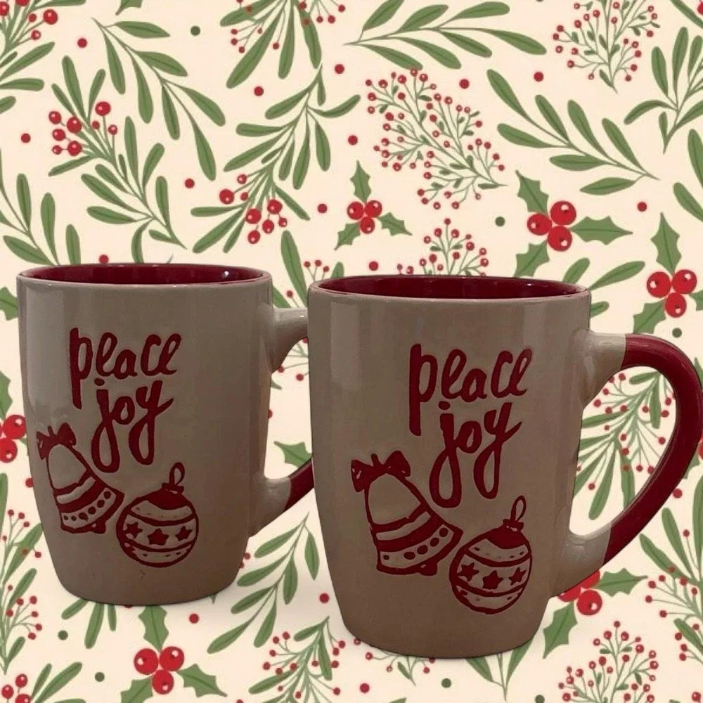 Red and white peace joy Christmas mugs